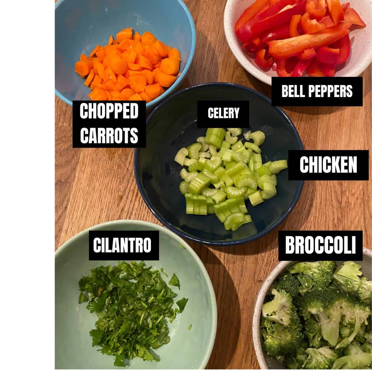Ingredients for healthy orange chicken celery, carrots, bell peppers, cilantro broccoli