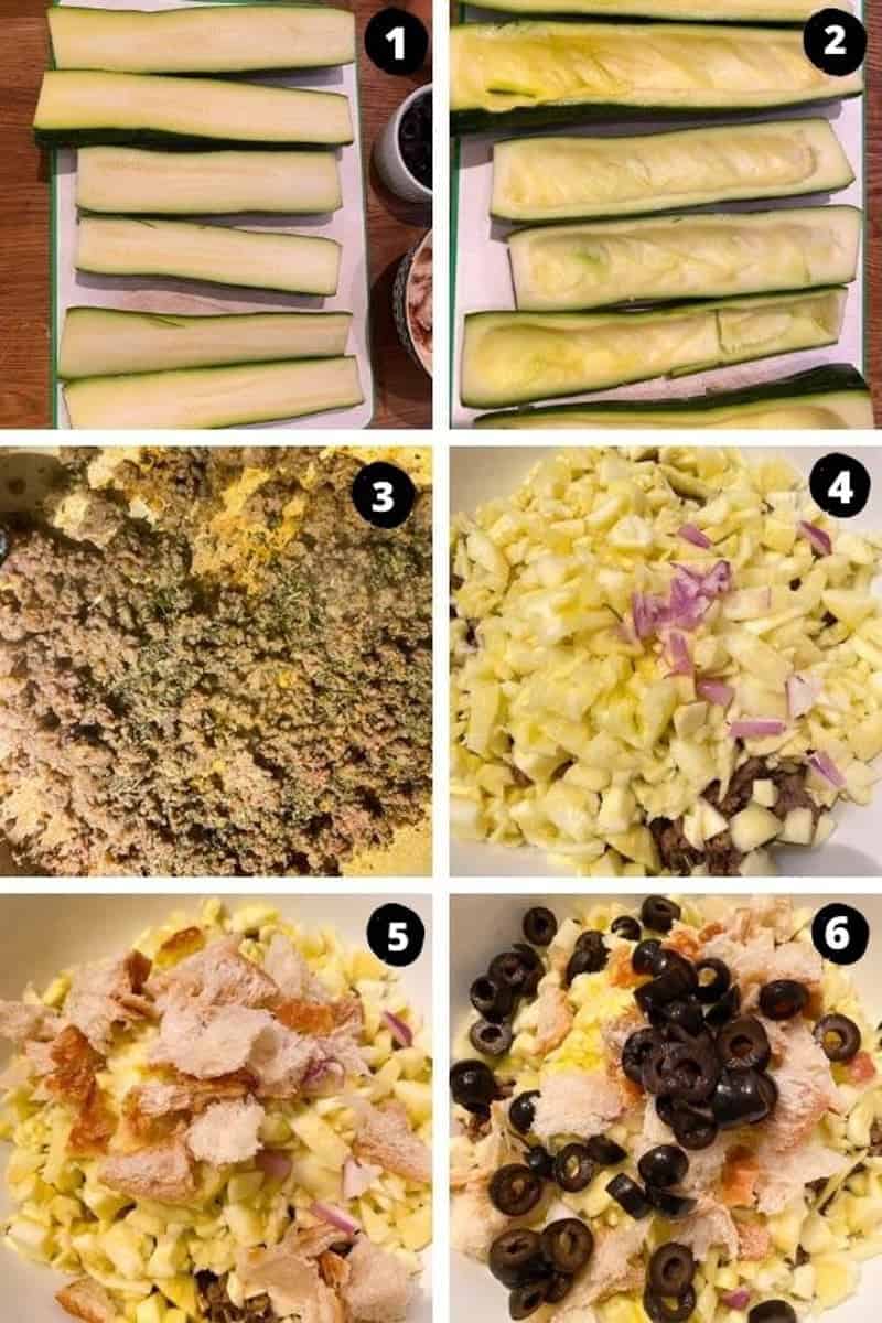 process shots for zucchini boats with ground turkey 