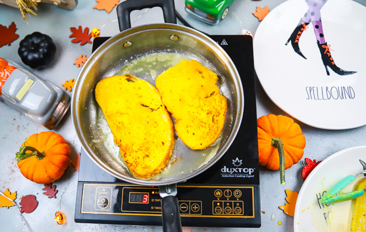 In a large nonstick skillet over medium-low heat, melt the Kerry Gold butter. You can cook 2-slices of the bread at a time. Make sure to cook each slice for 4-minutes per side to make them nice and crispy.