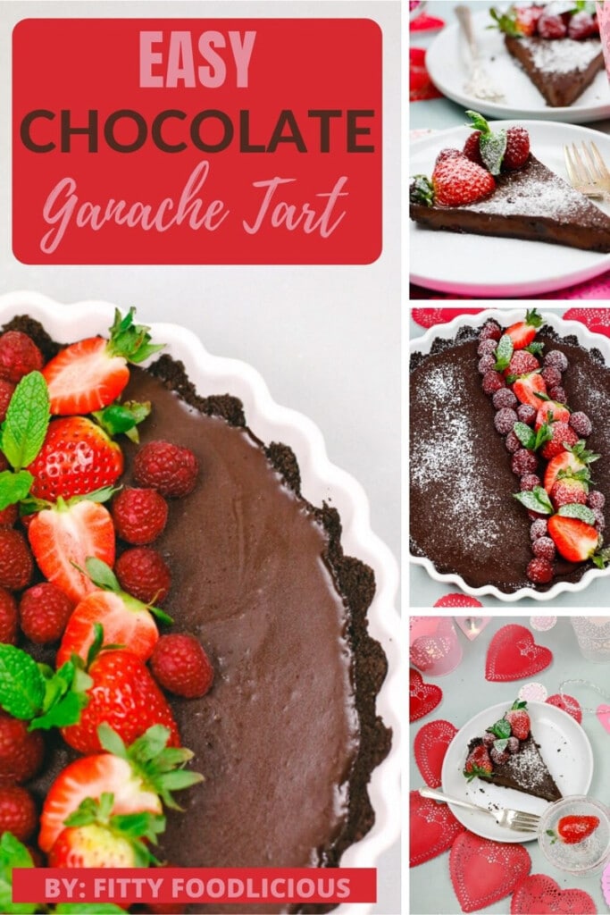 Pinterest image of chocolate coffee ganache tart cake 