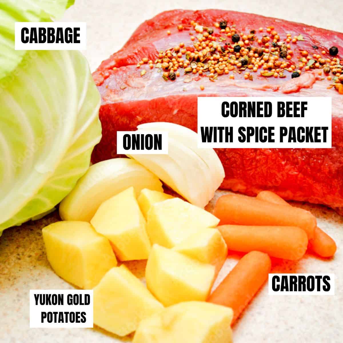 corned beef, yukon gold potatoes, cabbage, carrots, onion