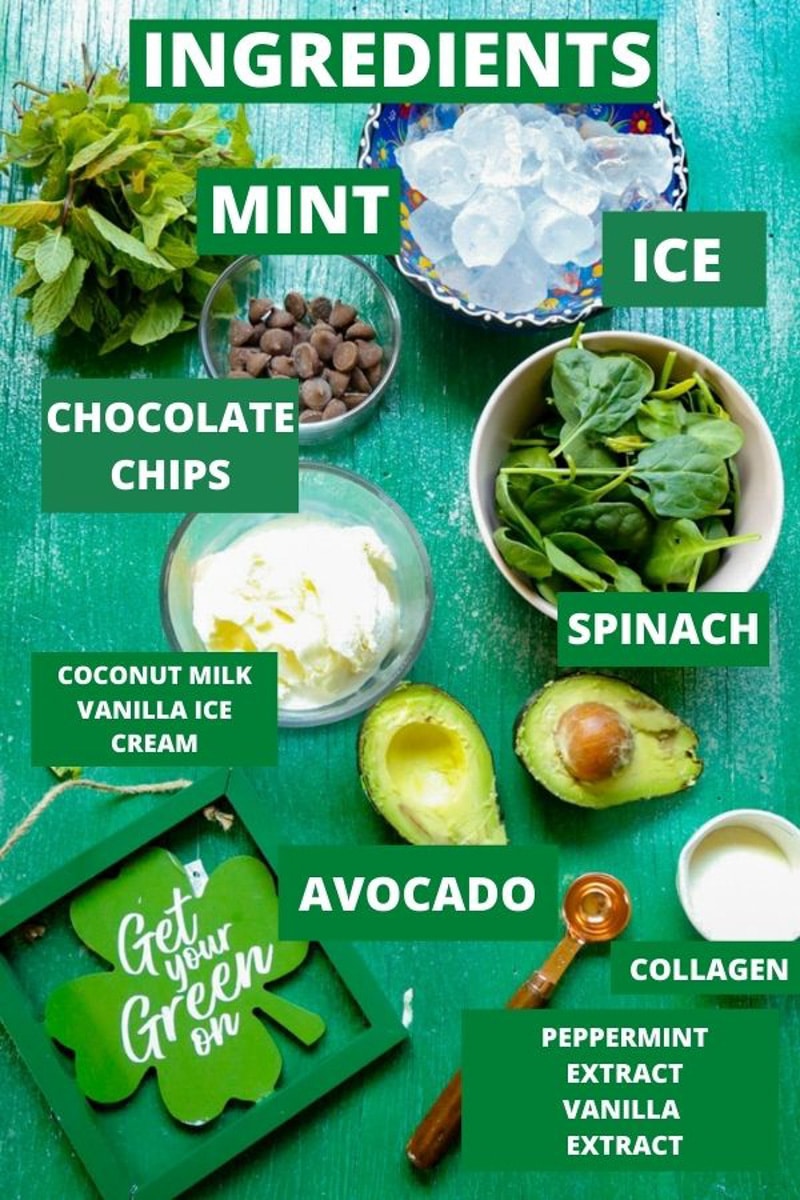 Ingredients, bowls of spinach, ice, mint, avocado, chocolate chips, ice cream