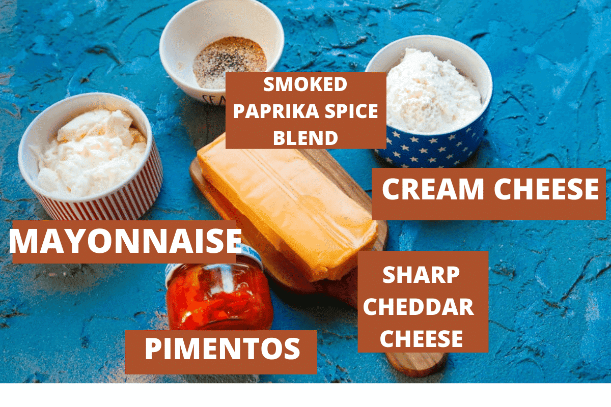 Ingredients for Smoked Pimento Cheese mayonnaise, pimentos, sharp cheddar cheese, cream cheese, smoked paprika spice blend, and cream cheese
