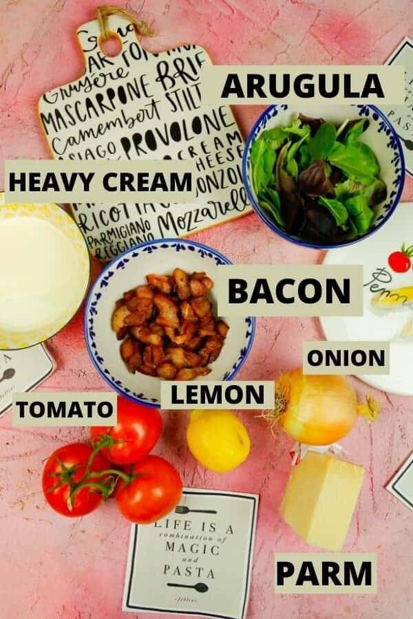 Ingredients for Bacon Penne Pasta arugula, bacon, lemon, tomatoes, parmesan, heavy cream 