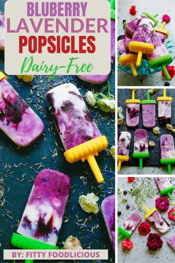 Pinterest image of blueberry lavender popsicles dairy free on a black cutting board with flowers 