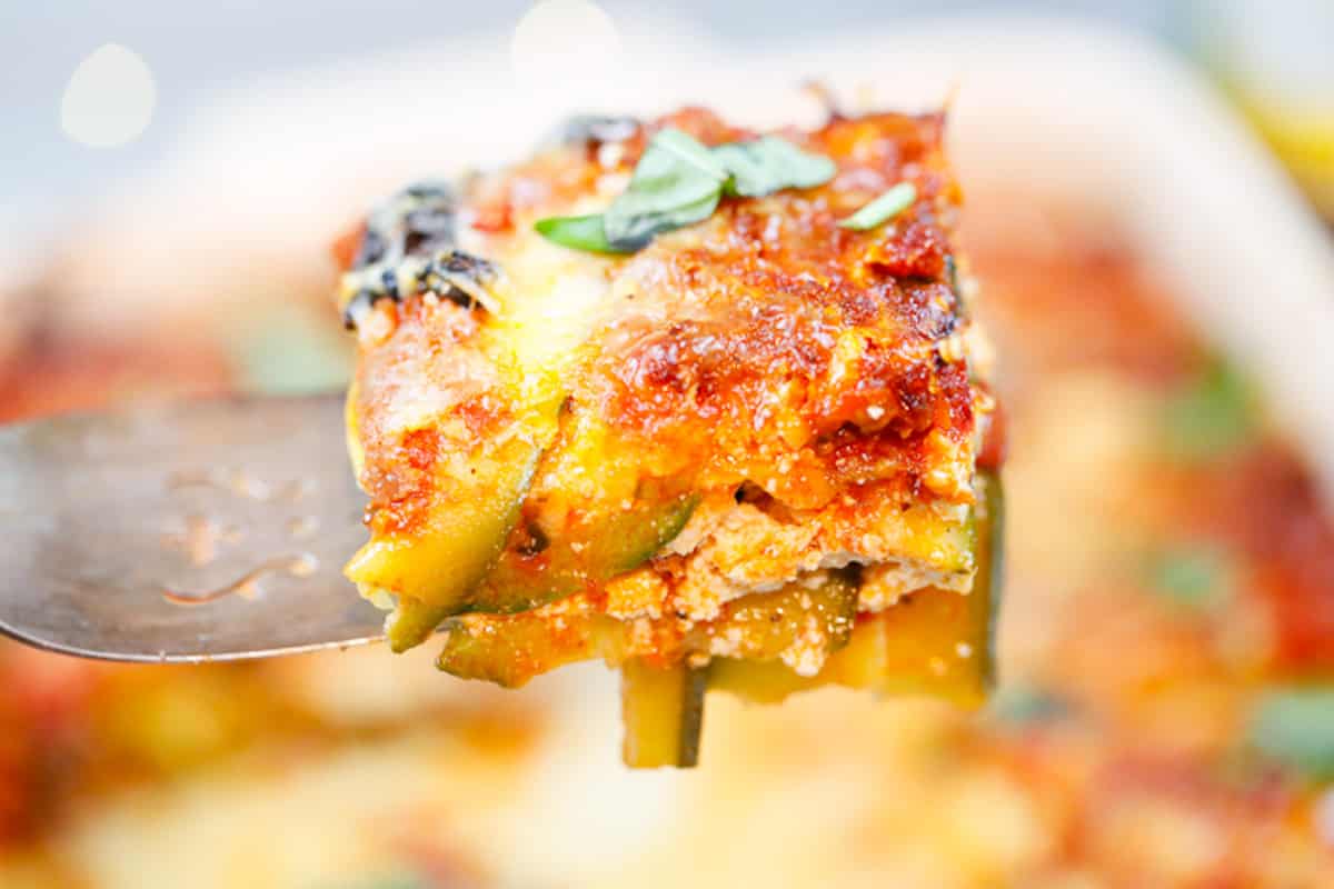 A slice of paleo lasagna zucchini casserole