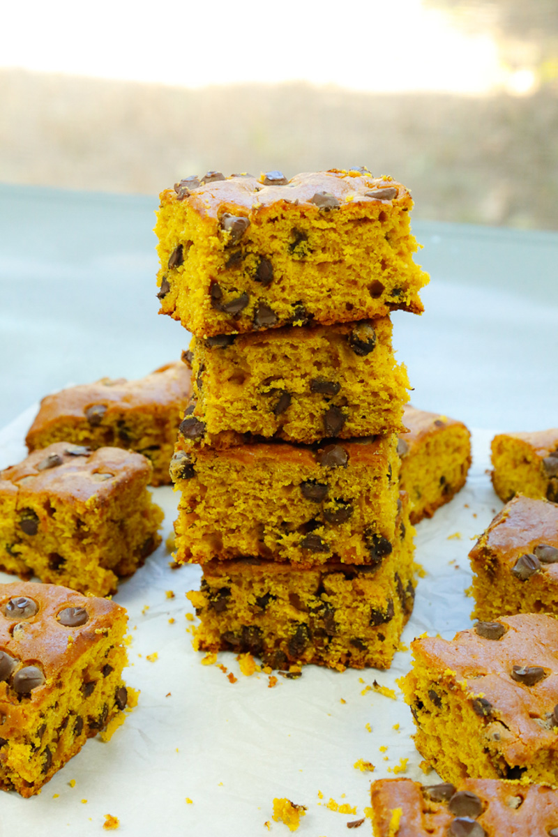 stacked healthy pumpkin brownies with chocolate chips 