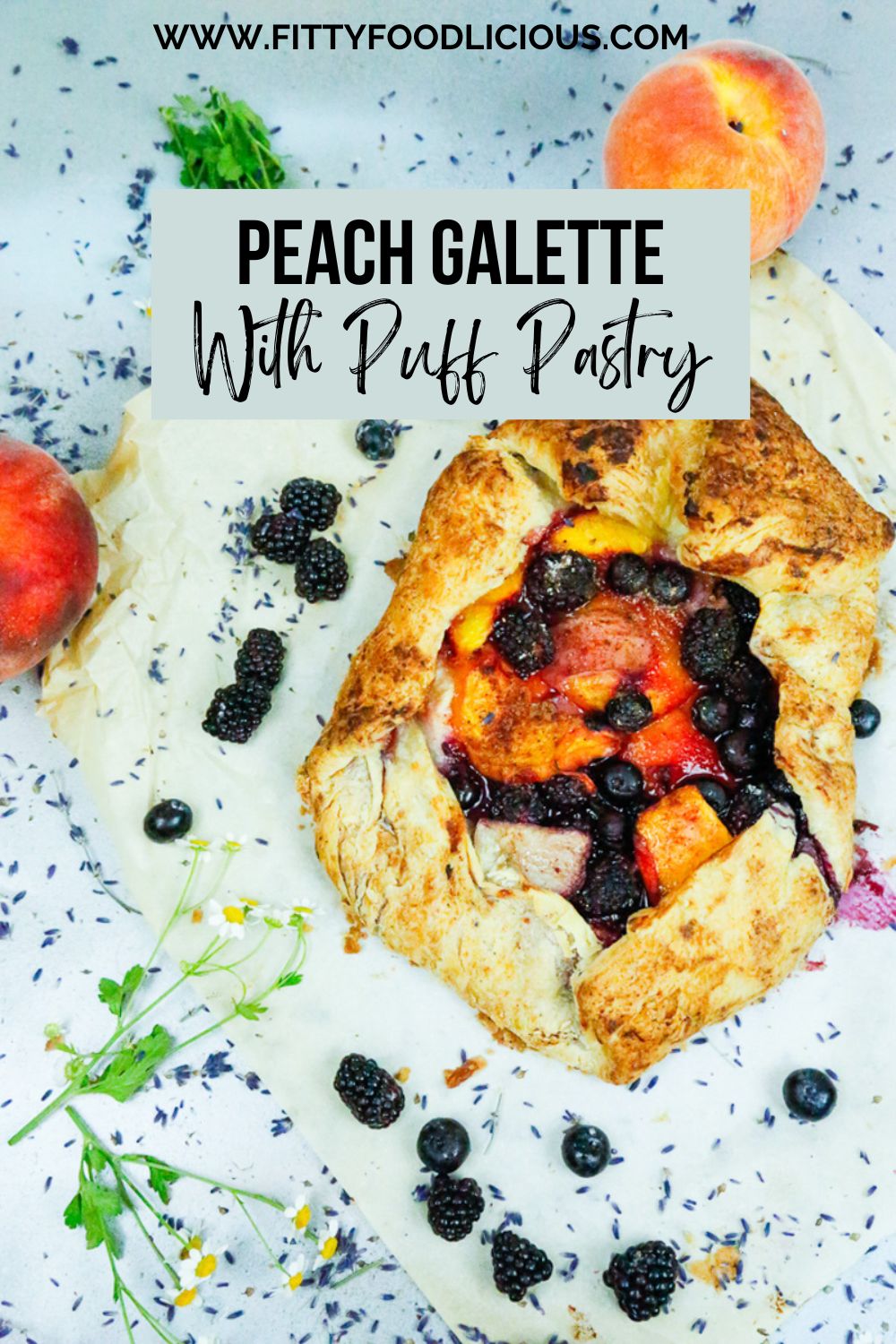 Pinterest image for peach galette with puff pastry 
