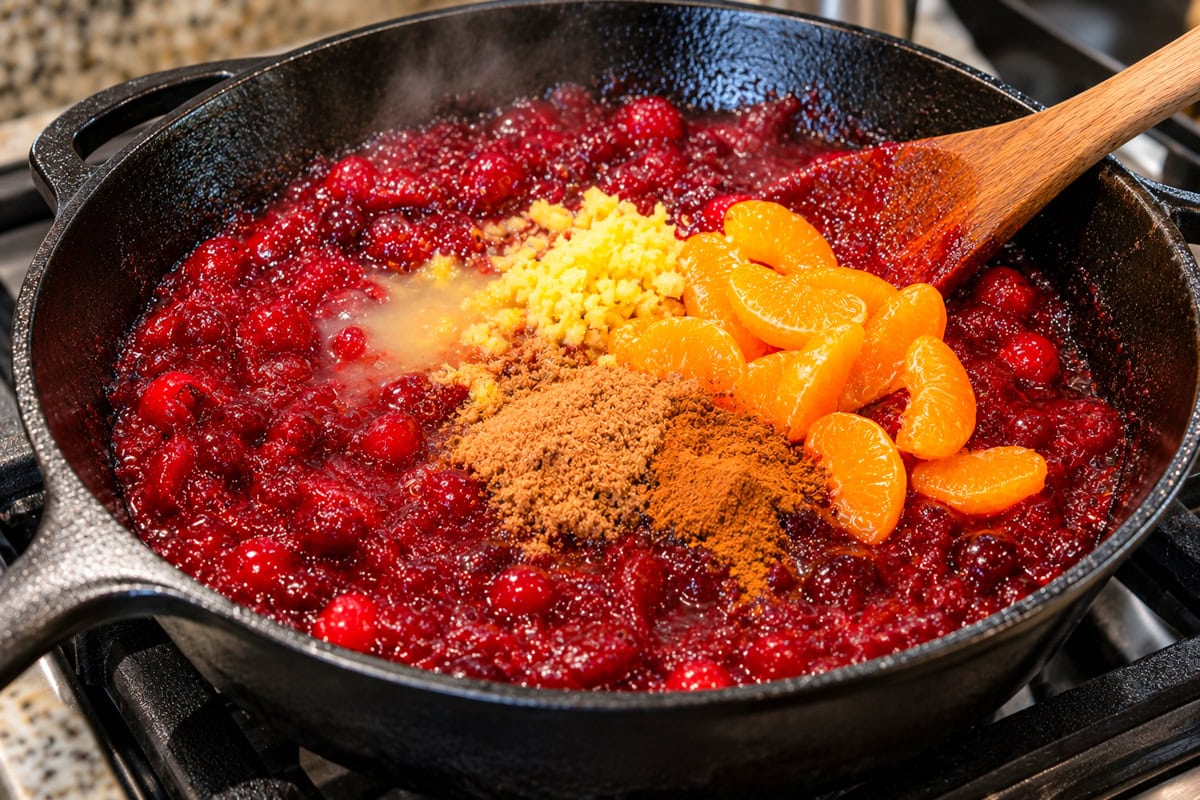 Mandarin orange segments, chopped fresh ginger, coconut sugar, cinnamon, pumpkin spice, and lemon juice added to thick, partially broken-down cranberries in a black cast iron skillet.