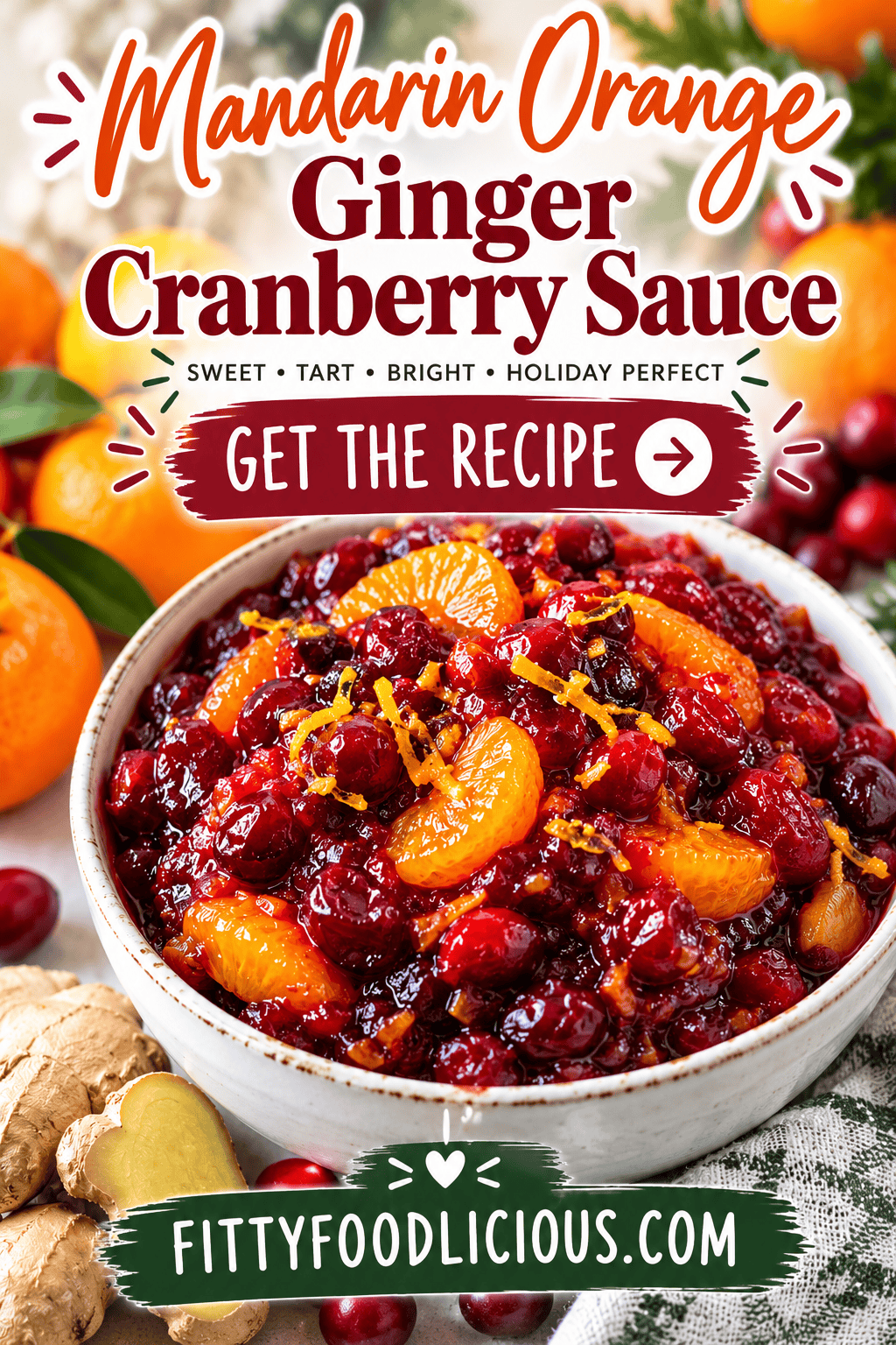 Pinterest graphic featuring a bowl of homemade mandarin orange ginger cranberry sauce garnished with orange segments and zest, surrounded by fresh cranberries, mandarins, and ginger. Text reads “Mandarin Orange Ginger Cranberry Sauce,” “Get the Recipe,” and “FittyFoodlicious.com.”