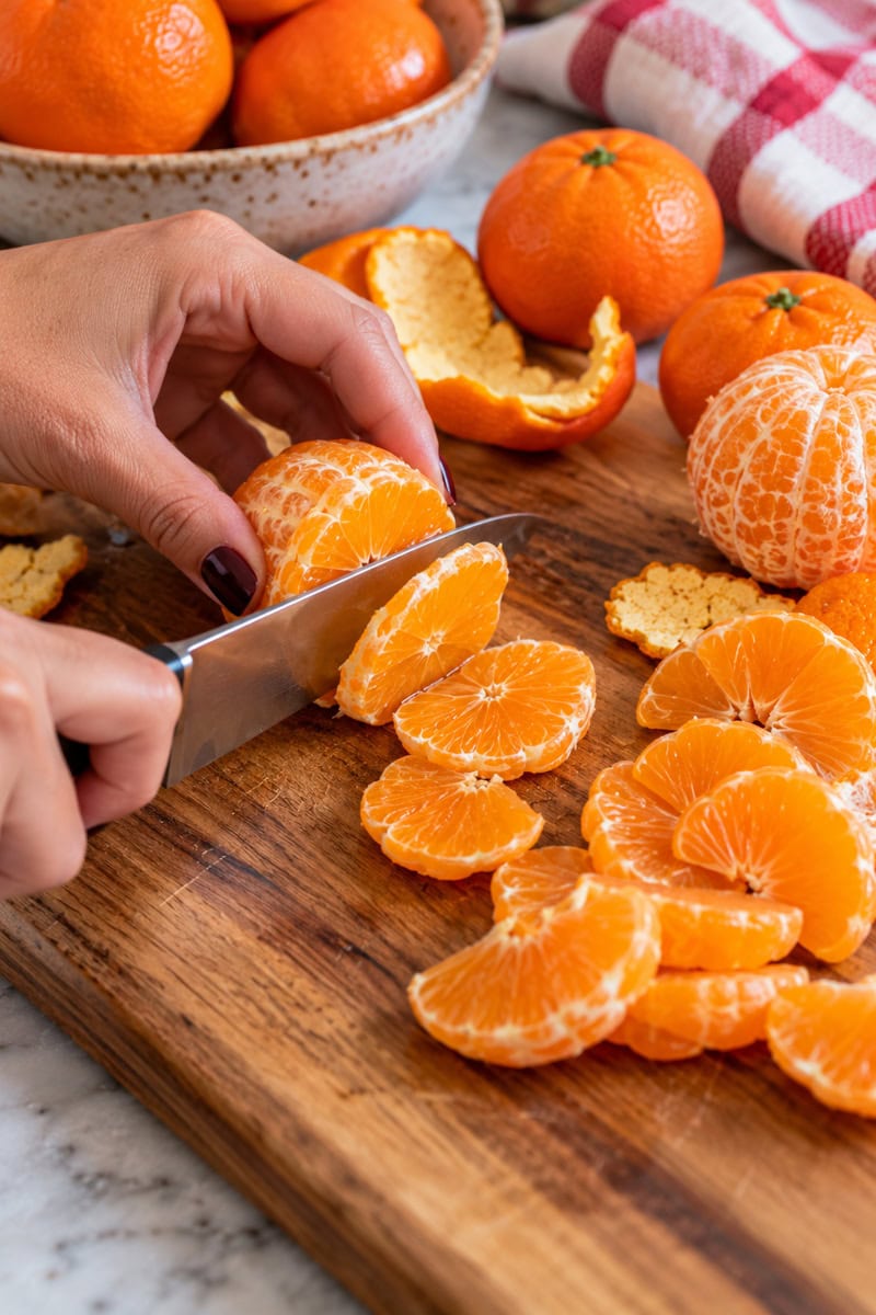 Close-up of hands peeling and slicing fresh mandarin oranges on a wooden cutting board, with orange segments and citrus peels arranged nearby.