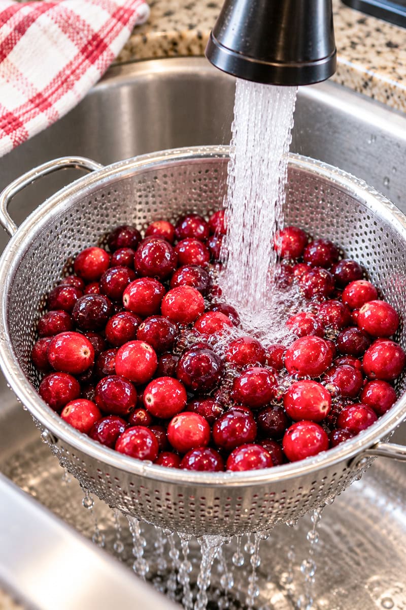 Fresh red cranberries being rinsed under running water in a stainless steel mesh colander in a kitchen sink.