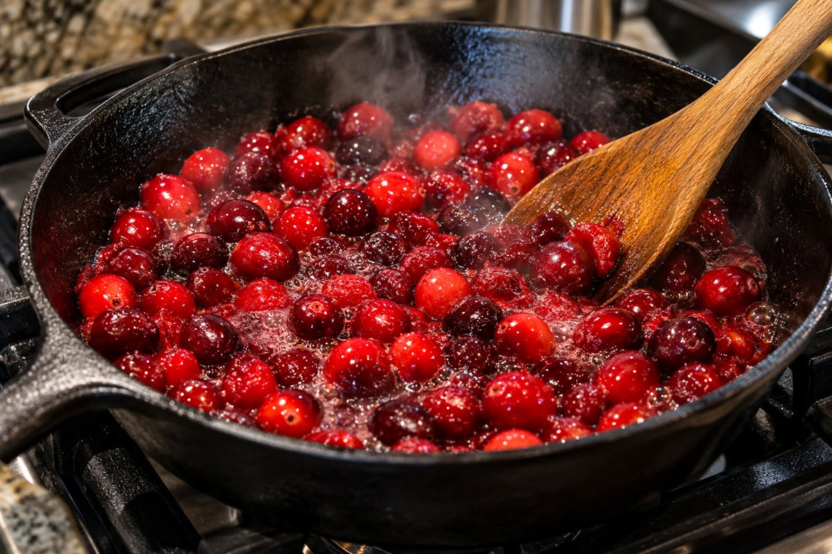 Fresh red cranberries simmering in orange juice in a black cast iron skillet, stirred with a wooden spoon as steam rises.