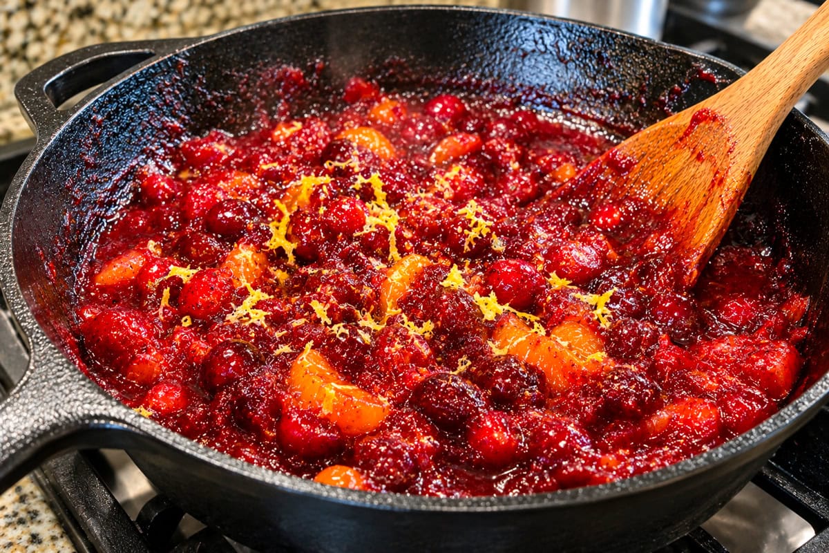 Thick, chunky cranberry sauce with mandarin orange segments and fresh lemon zest in a black cast iron skillet, with a wooden spoon resting in the sauce.