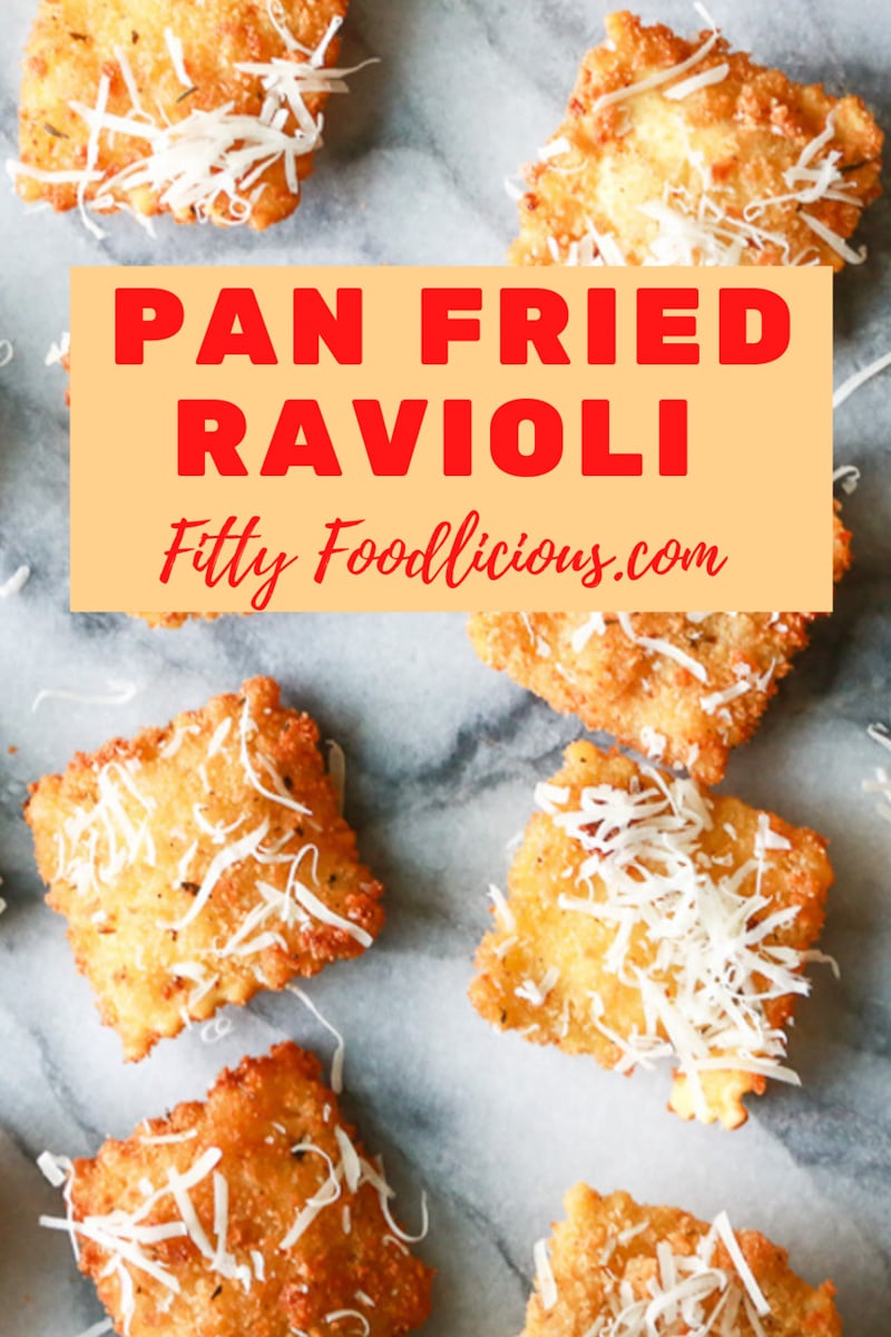Pinterest image of pan fried ravioli 