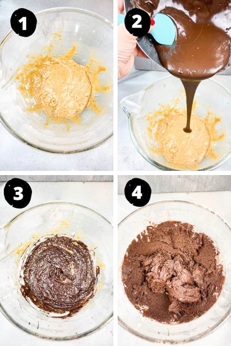 recipe steps brown sugar, egg, and butter, melted chocolate, cookie dough