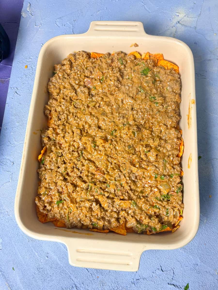Meat mixture in baking dish 