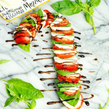 Candy Cane Caprese Salad with balsamic drizzle and sea salt