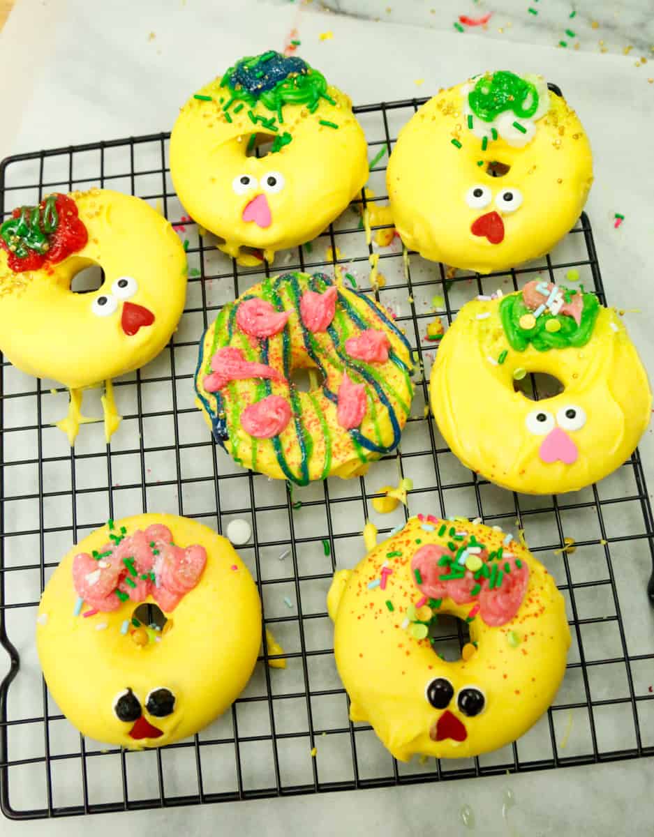 decorated chicks with eyes and decorative frosting 