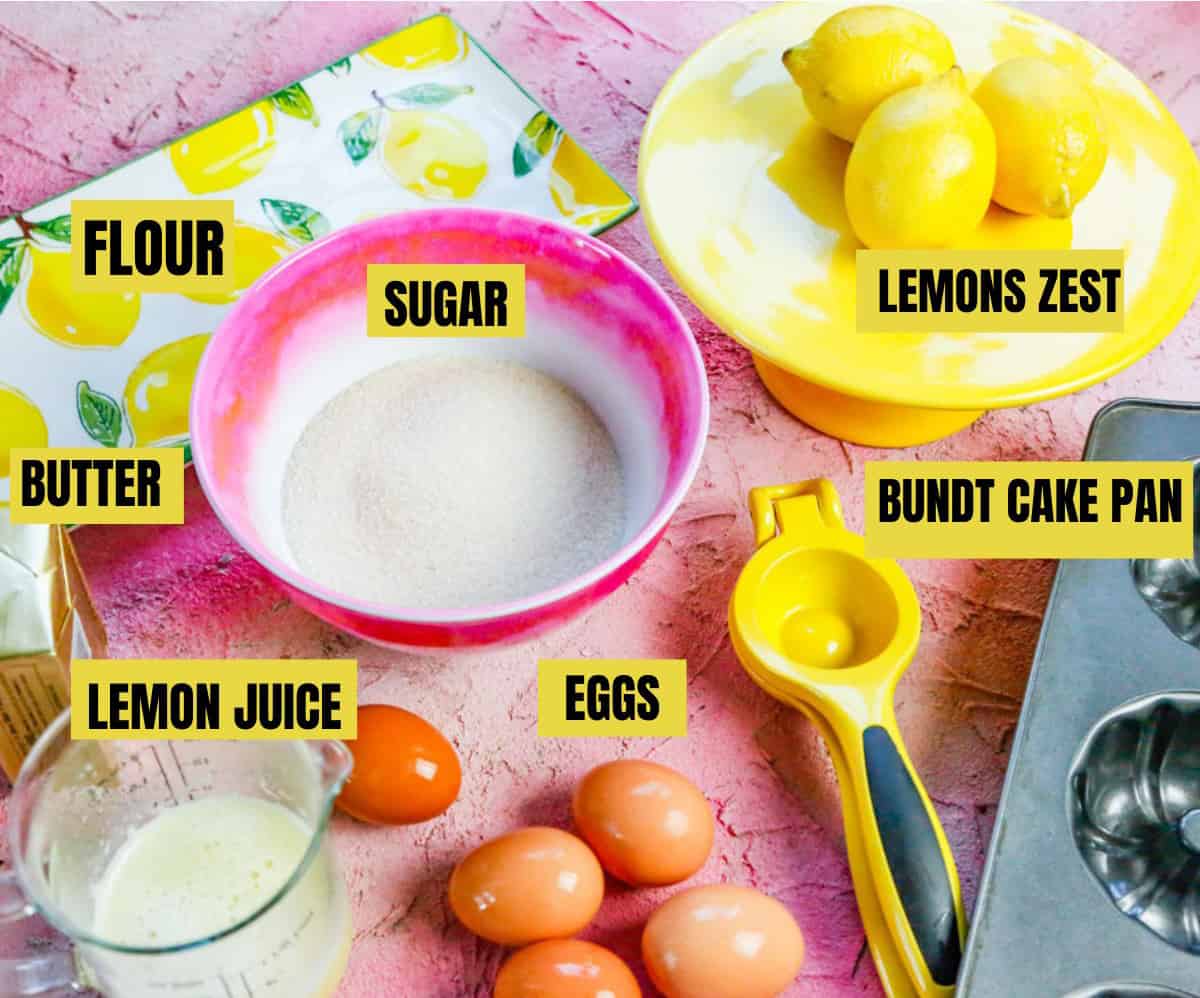 Ingredients for mini lemon bundt cakes lemon zest, lemon juice, sugar, eggs, butter, flour bundt cake pan 