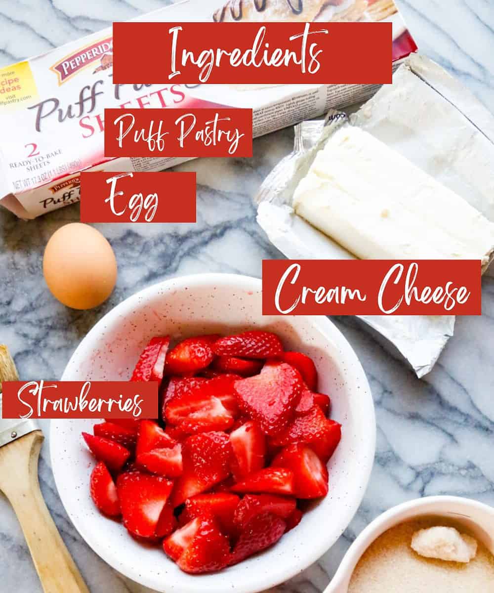 Ingredients for Strawberry Turnovers, lemon, sugar, cream cheese, puff pastry, egg, fresh strawberries 