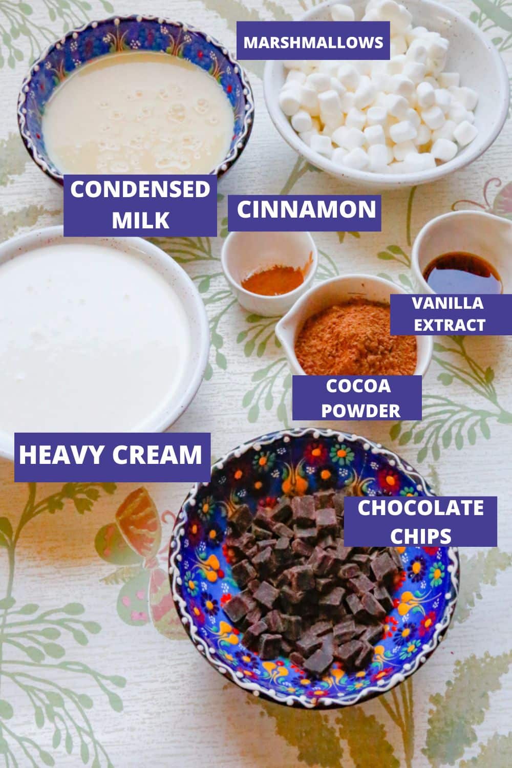 Ingredients for Chocolate marshmallow ice cream include chocolate chunks, heavy cream, condensed milk, vanilla extract, cinnamon, marshmallows, and cocoa powder 