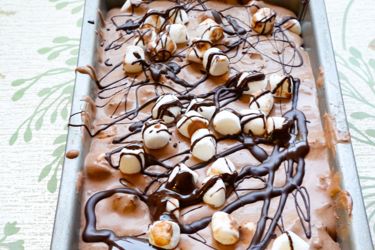 a tray of homemade chocolate marshmallow ice cream 