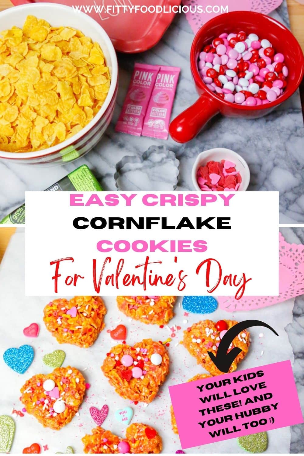 Pinterest image for crispy cornflake cookies for Valentine's Day 