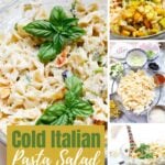 Cold Italian pasta salad made with bowtie pasta, fresh vegetables, olives, cheese, and a creamy dressing. Easy summer side dish recipe perfect for BBQs, cookouts, picnics, and potlucks.