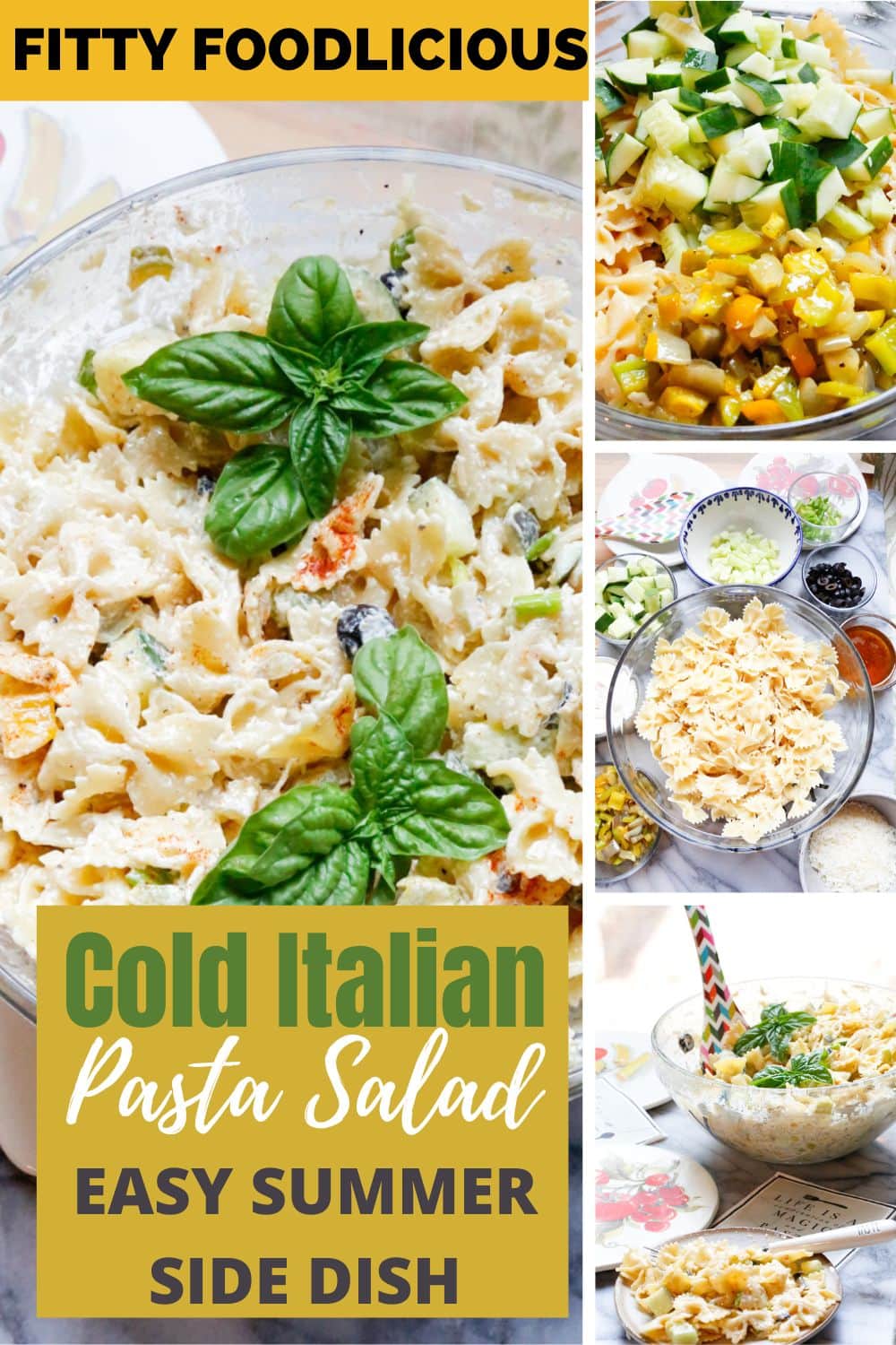 Cold Italian pasta salad made with bowtie pasta, fresh vegetables, olives, cheese, and a creamy dressing. Easy summer side dish recipe perfect for BBQs, cookouts, picnics, and potlucks.