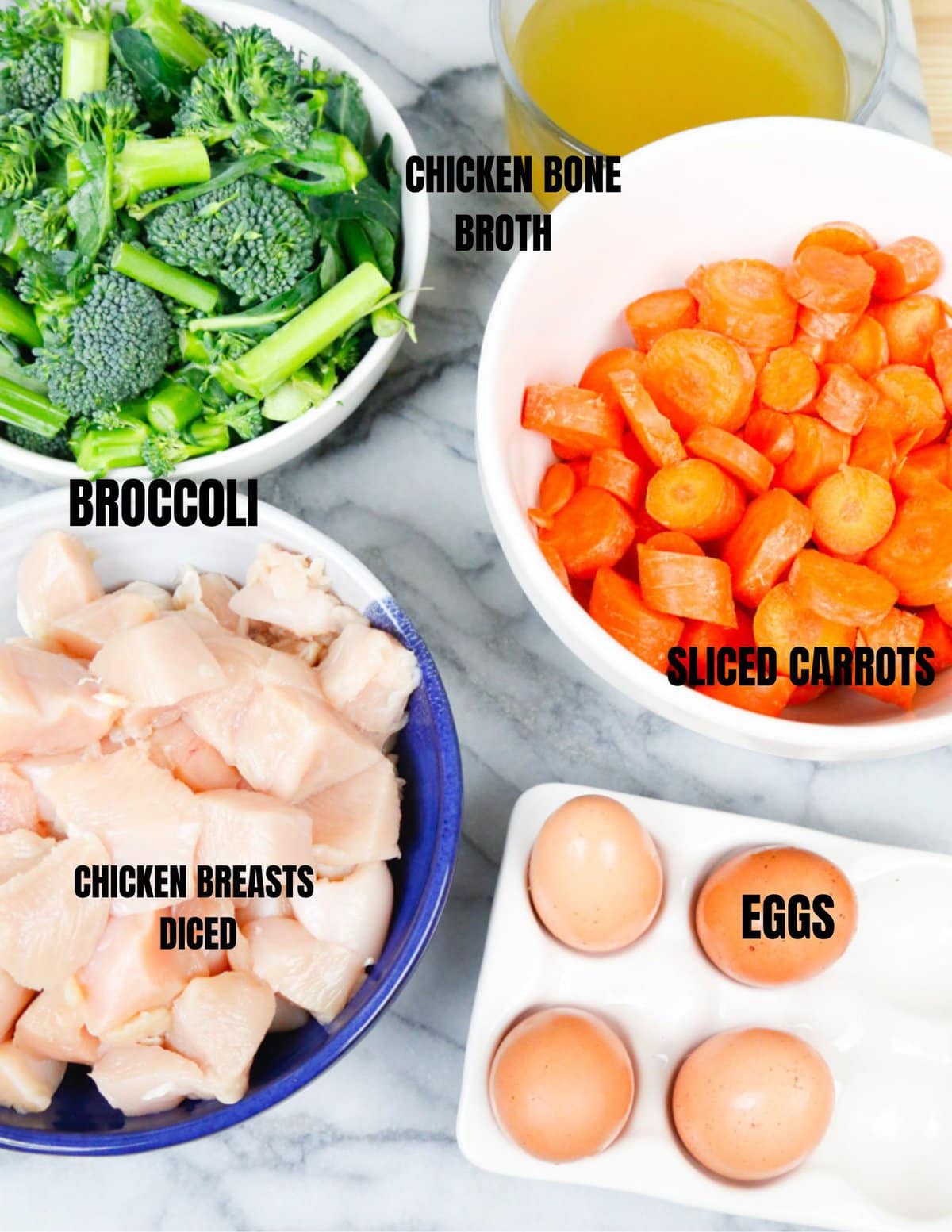The ingredients for a chicken, broccoli, and egg for homemade dog food 