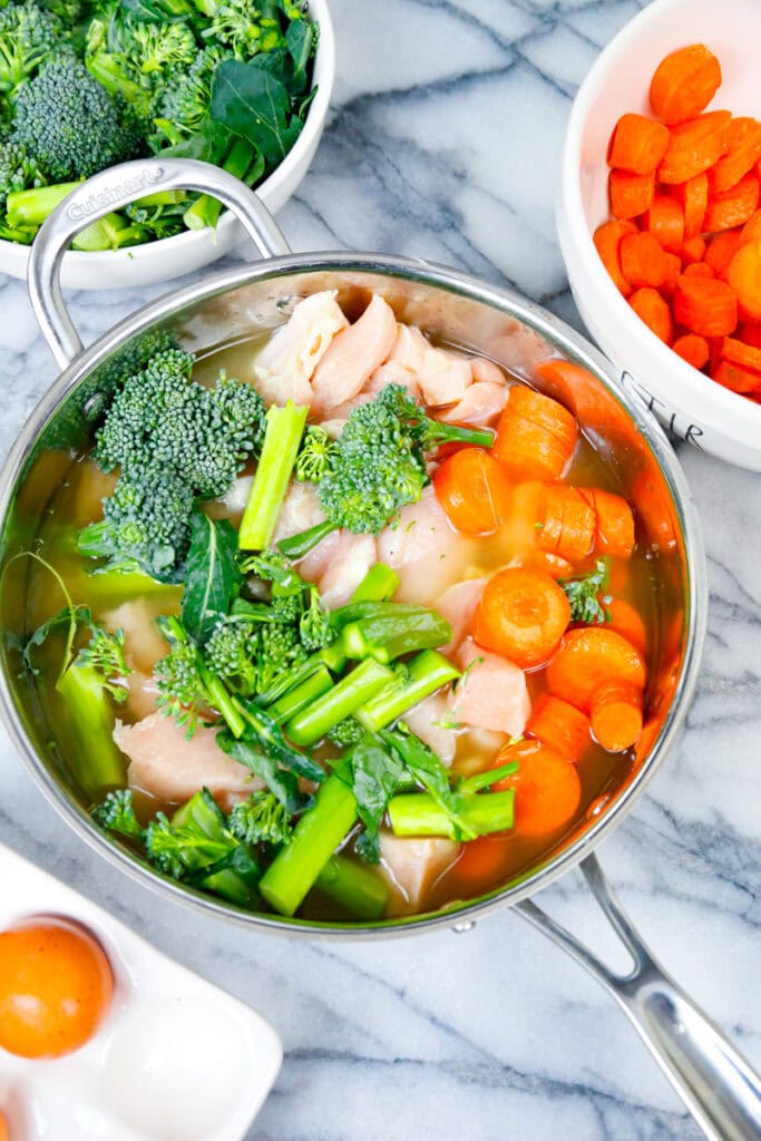 a pan of raw cubed chicken, broccoli, organic carrot slices, eggs for homemade dog food recipe