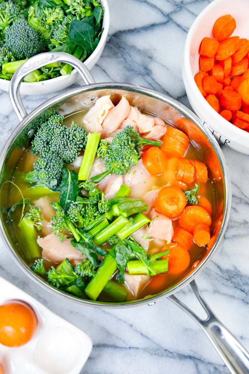 a pan of raw cubed chicken, broccoli, organic carrot slices, eggs for homemade dog food recipe 