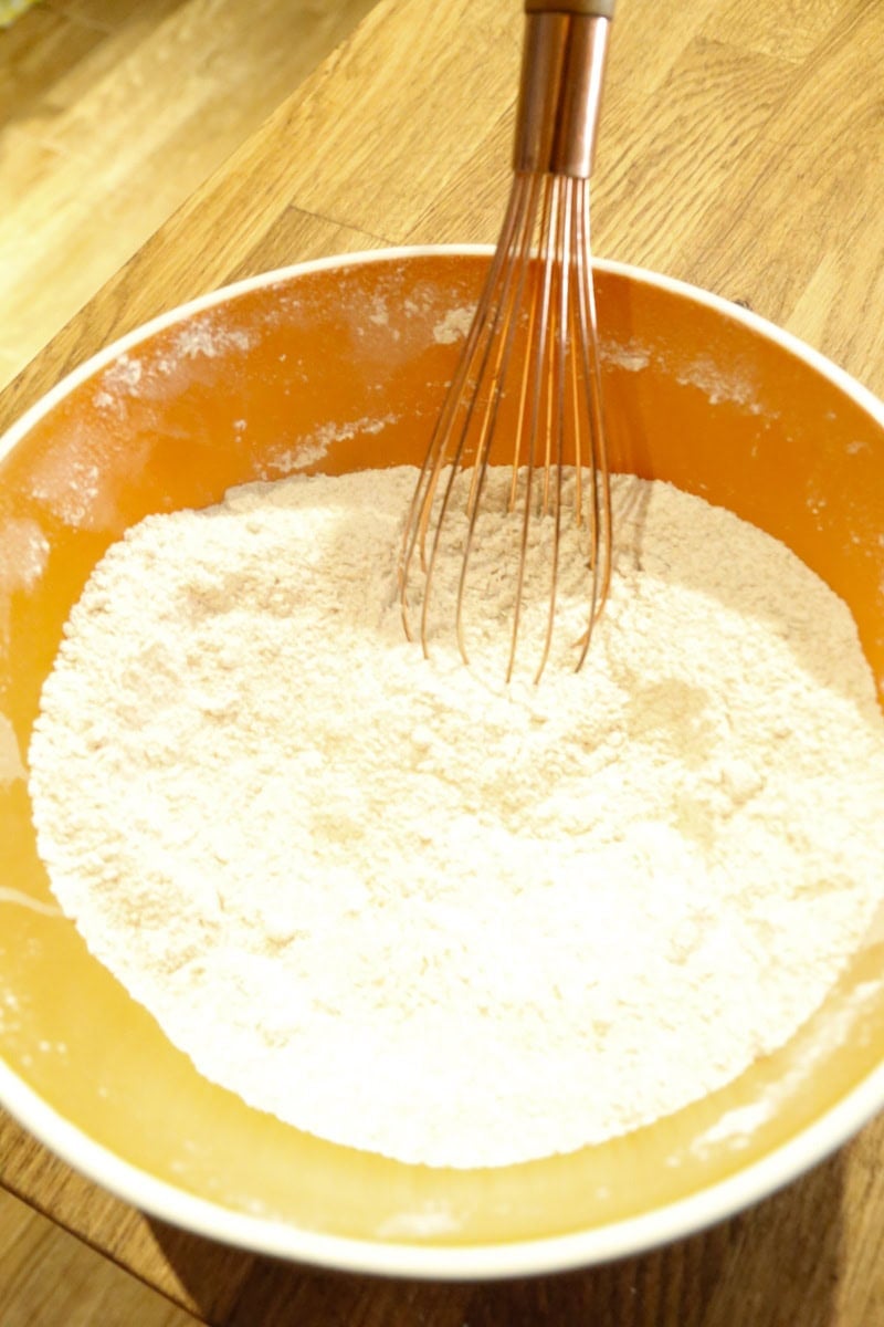 Stir together flour, sugar, baking powder, and salt in a large bowl. 