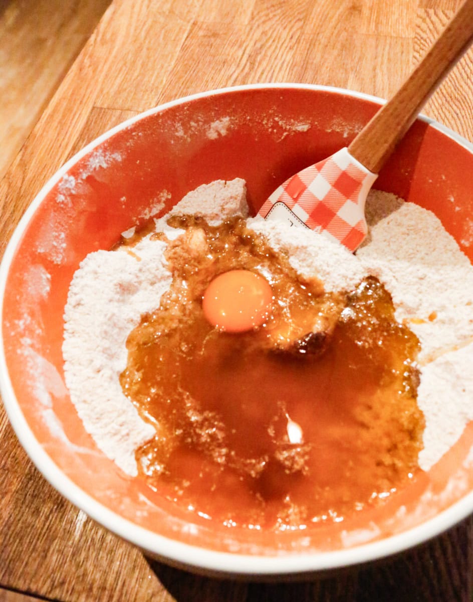 Add butter, vanilla, and egg; whisk until well combined. 