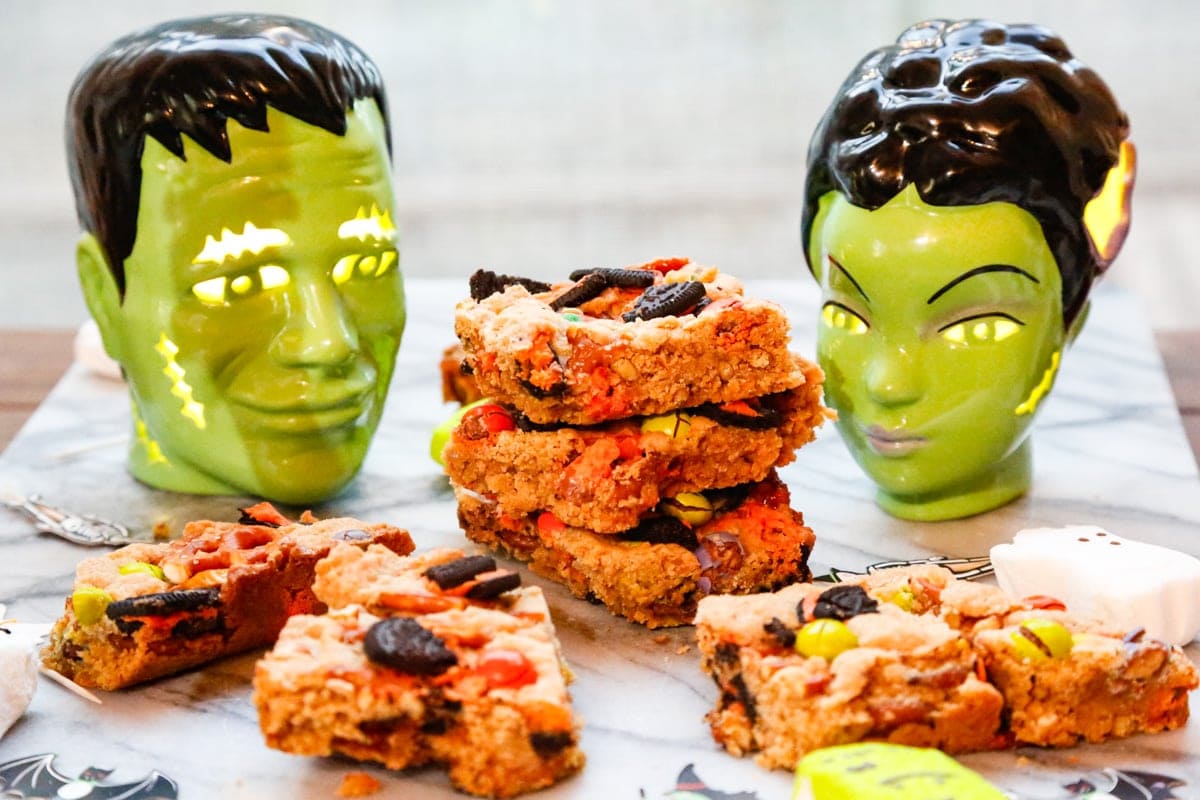 a stack of Halloween cookie bars 