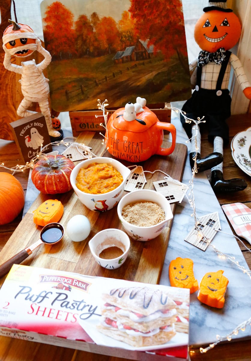 Ingredients for homemade pumpkin pie pop tarts include puff pastry, egg, brown sugar, pumpkin puree, vanilla extract, and pumpkin spice