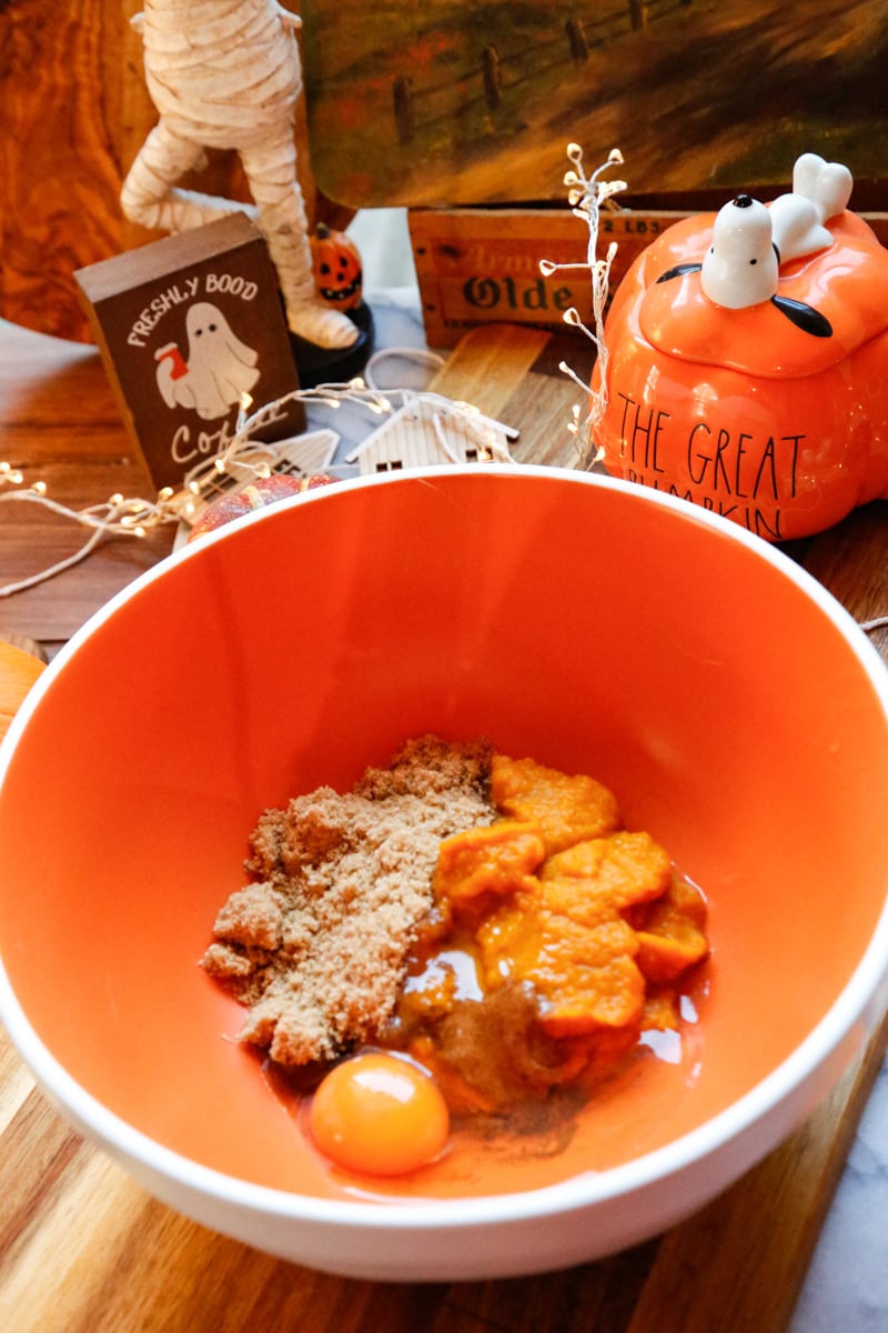add the pumpkin puree, brown sugar, vanilla extract, and egg to a large mixing bowl and mix well until combined