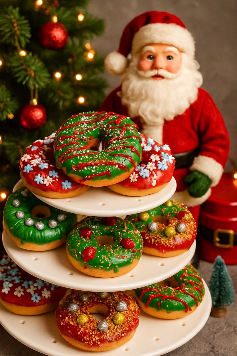 A tray of Baked Christmas Donuts with Santa in the background and a Christmas garland
