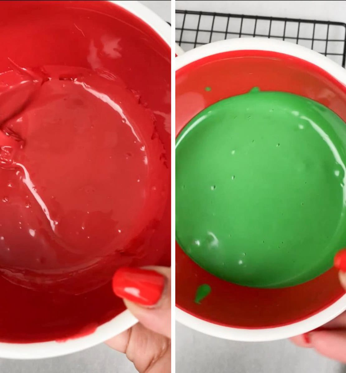 Allow the donuts to cool completely before decorating them. Once cooled, melt the candy melt colors of choice and place the donut frosting in separate bowls.