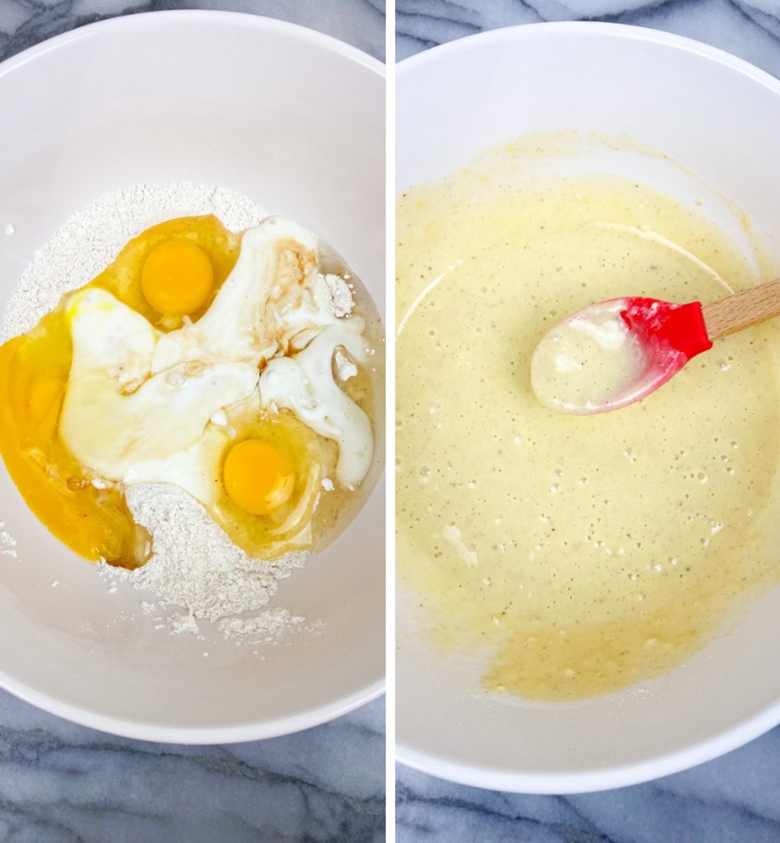 Next, add the wet ingredients to the dry ingredients. Add the buttermilk, whole milk, melted coconut oil, vanilla extract, and eggs one at at time.