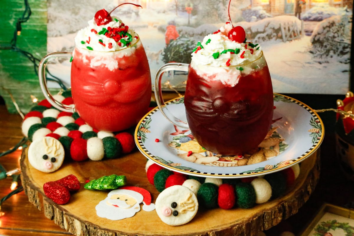 Santa Hat Shirley Temple Christmas mocktail in a Santa glass