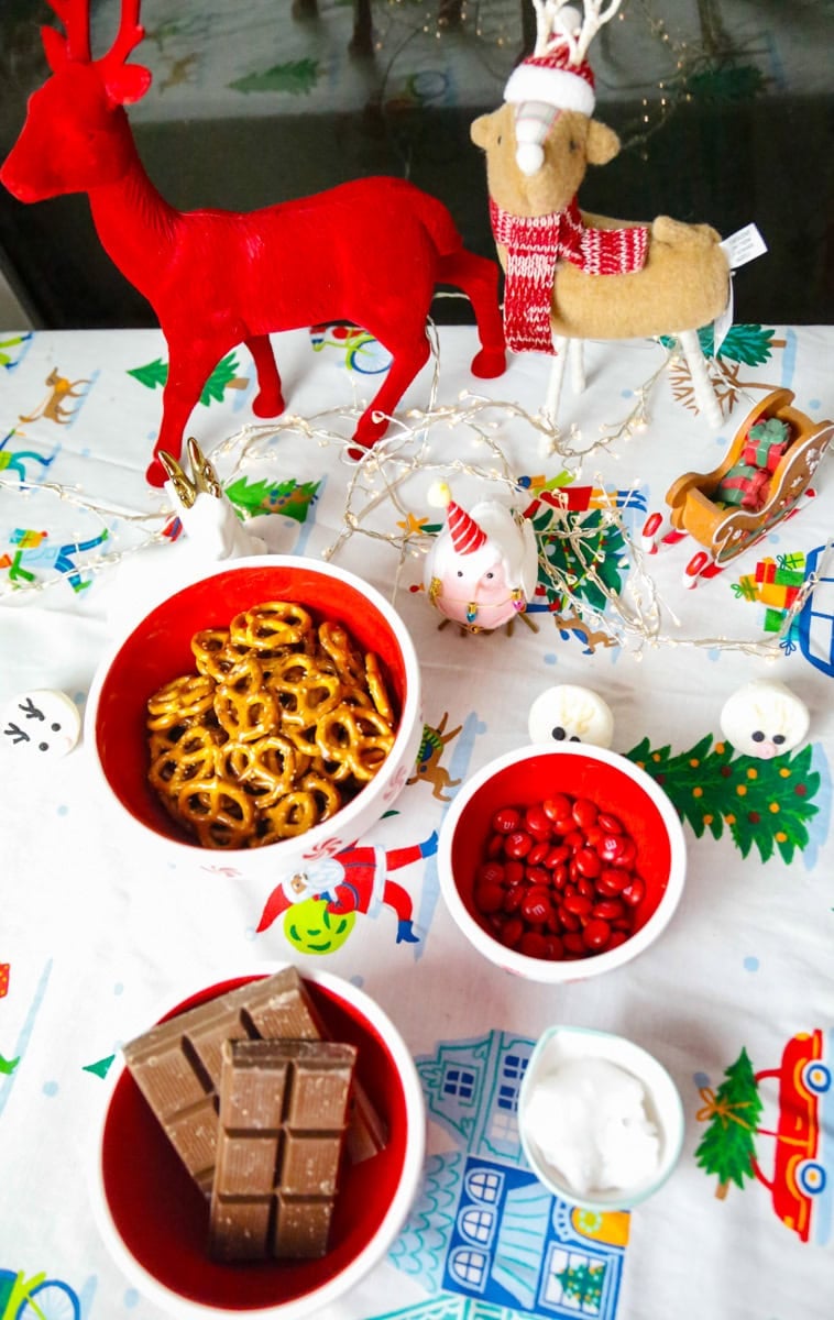 pretzels reindeers ingredients include pretzels, red m&m's, melted milk chocolate, coconut oil