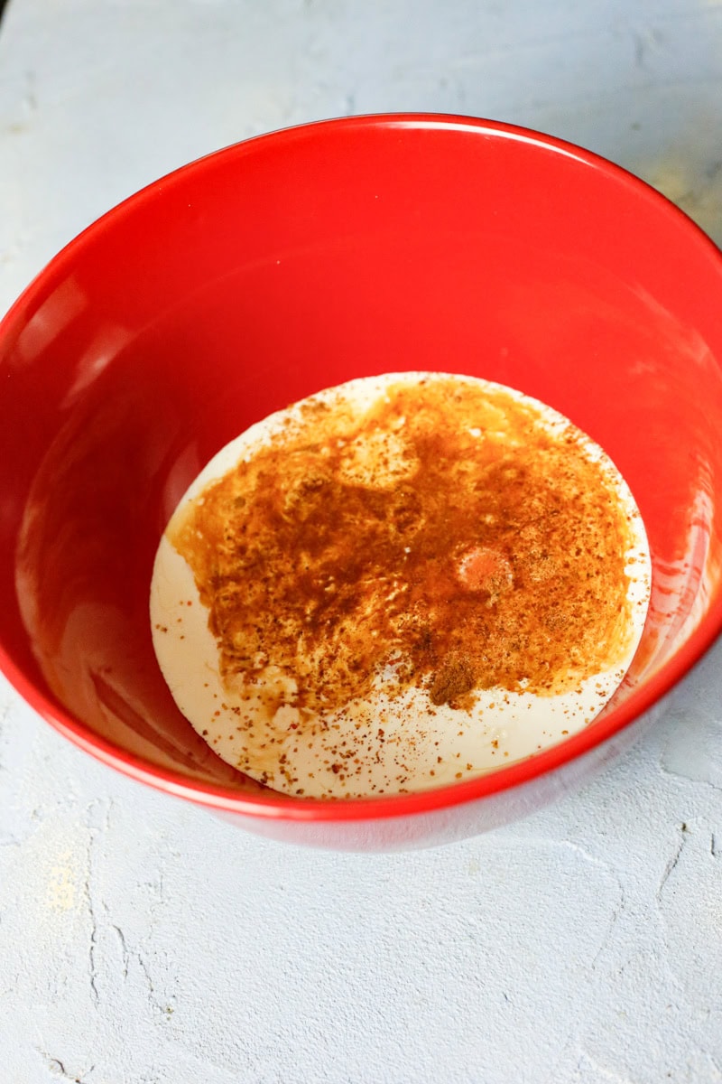 In a large shallow bowl, whisk together the eggs, heavy cream, maple syrup, vanilla extract, pumpkin spice, nutmeg, and sea salt until smooth.