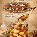 Pinterest graphic showing a jar of garlic in raw honey with text about making a traditional garlic and honey cold remedy and wellness benefits