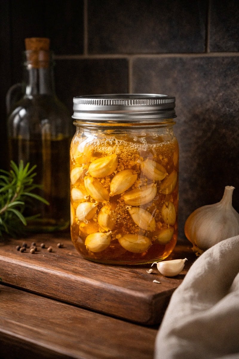 Glass jar of garlic cloves in raw honey with a gold spoon beside it on a kitchen counter