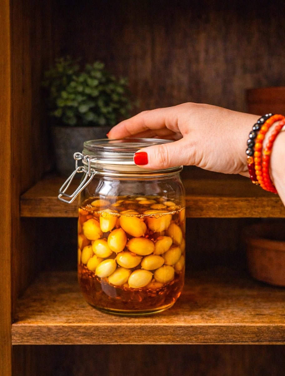 Hand placing lid on glass jar filled with garlic cloves and raw honey during the fermentation process