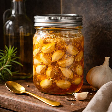 Glass jar of garlic cloves in raw honey with a gold spoon beside it on a kitchen counter