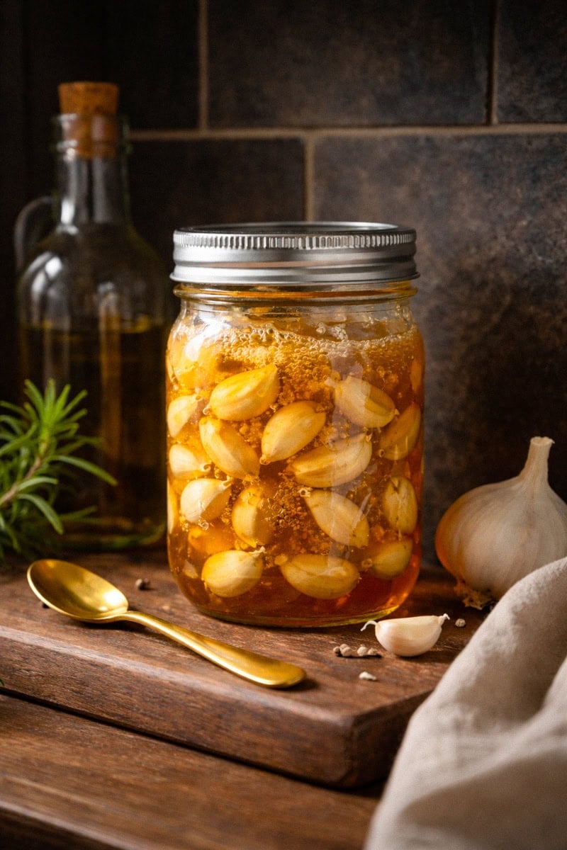 Glass jar of garlic cloves in raw honey with a gold spoon beside it on a kitchen counter