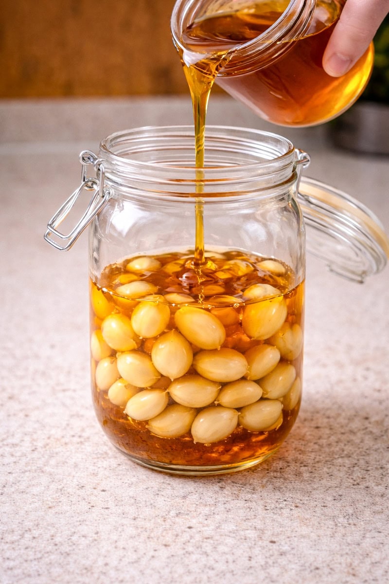Raw honey being poured over garlic cloves in a glass jar to make fermented garlic honey 